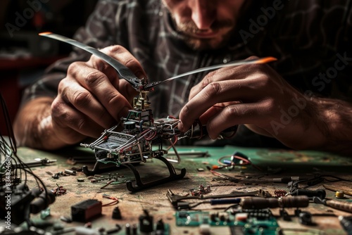 A skilled craftsman meticulously assembles a small helicopter, carefully connecting intricate internal components. His focused expression reveals dedication to the task