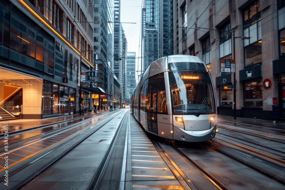 A modern electric train travels along a city street lined with tall buildings