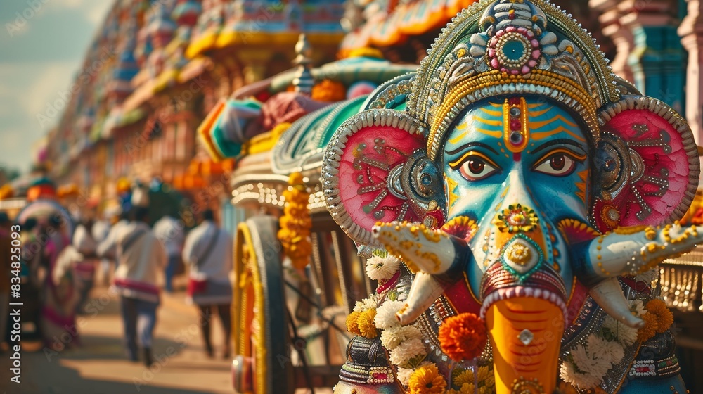 Fototapeta premium Ratha Yatra in India. Indian Chariot Festival. The return of Krishna. A beautiful celebration of a religious holiday. Decorated Chariot