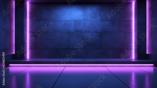 3d rendering of   a dark room with a concrete wall and a glowing purple neon light on the floor. © tohceenilas
