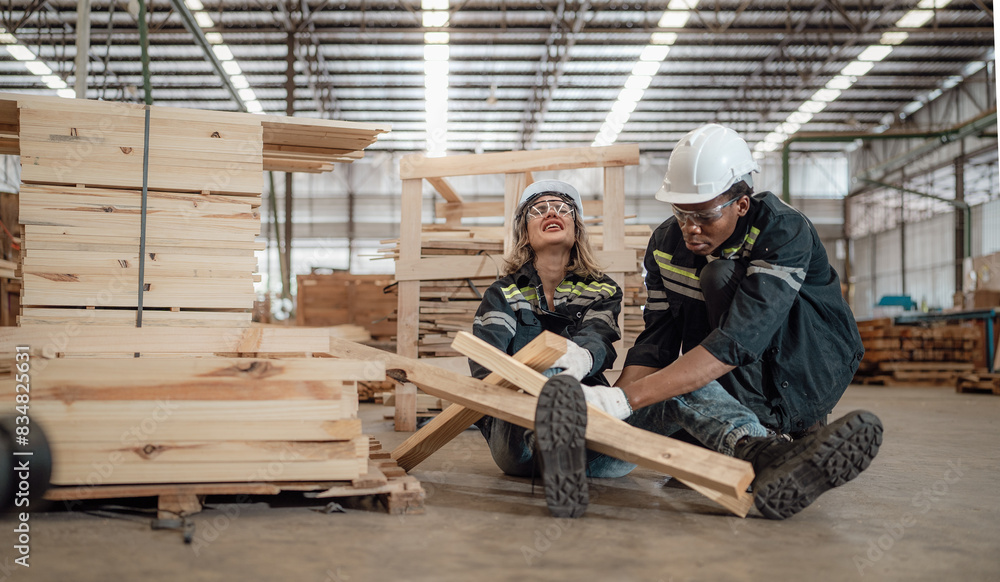 Female foreman injured at leg from accident crying with pain in pallet warehouse. Multiracial engineer emergency help colleague who get physical injury in factory. Diverse people together in workplace Female foreman injured at leg from accident crying with pain in pallet warehouse. Multiracial engineer emergency help colleague who get physical injury in factory. Diverse people together in workplace