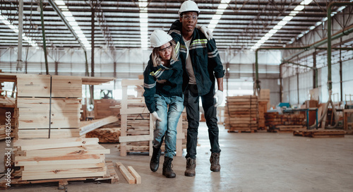 Female foreman injured at leg from accident crying with pain in pallet warehouse. Multiracial engineer emergency help colleague who get physical injury in factory. Diverse people together in workplace