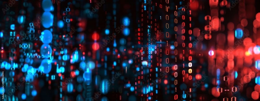 Digital background featuring binary code, bokeh lights and data visualization elements. Digital background featuring binary code, bokeh lights and data visualization elements.