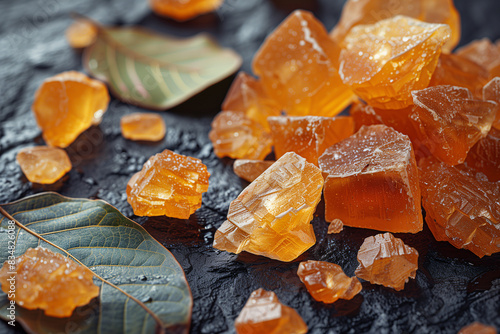 Close-up of amber resin, musk, and patchouli leaves used in perfumery, laid out on a textured surface