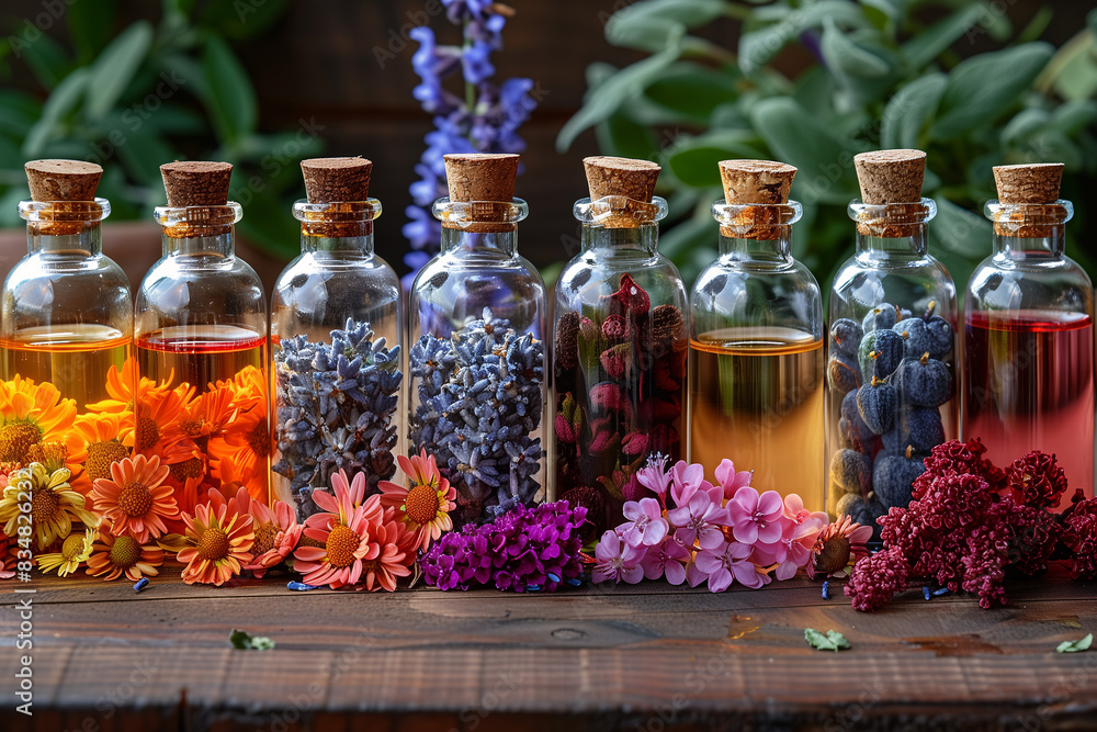 Close-up of essential oils in small glass bottles with various herbs and flowers around them Close-up of essential oils in small glass bottles with various herbs and flowers around them
