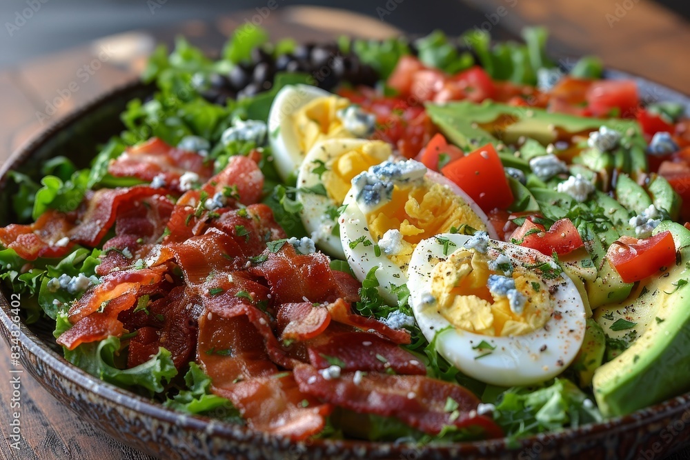Cobb Salad - Cobb salad with rows of bacon, egg, avocado, and blue cheese. Cobb Salad - Cobb salad with rows of bacon, egg, avocado, and blue cheese.