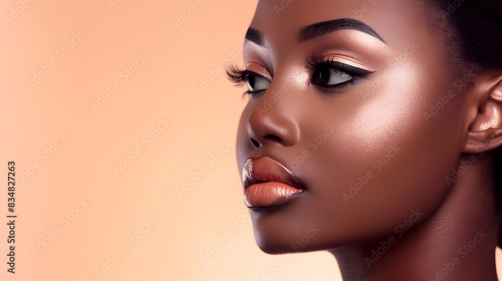 Elegant Black Model Showcasing Stunning Makeup Palette on Peach Backdrop Elegant Black Model Showcasing Stunning Makeup Palette on Peach Backdrop