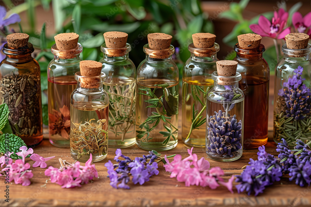 Close-up of essential oils in small glass bottles with various herbs and flowers around them Close-up of essential oils in small glass bottles with various herbs and flowers around them