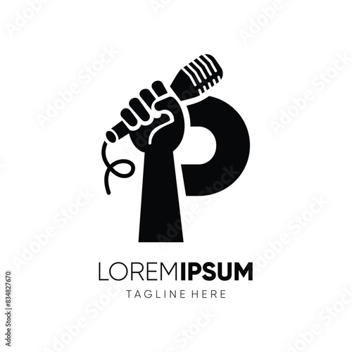 Letter P Hand with Microphone Logo Design Vector Icon Graphic Emblem Symbol Ilustration