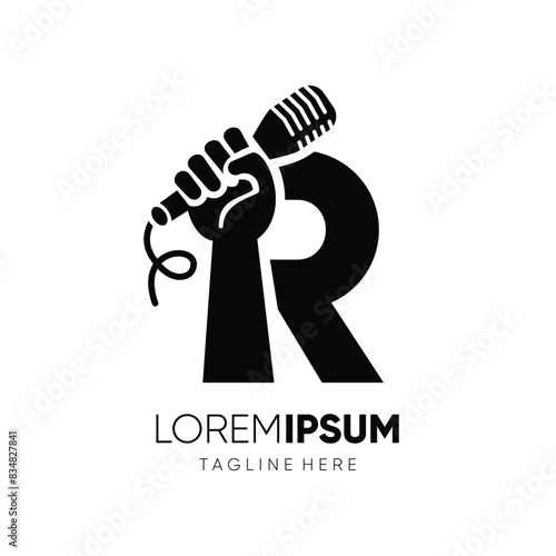 Letter R Hand with Microphone Logo Design Vector Icon Graphic Emblem Symbol Ilustration