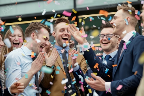 A group of professional colleagues celebrate a company milestone with confetti and laughter in an outdoor urban setting