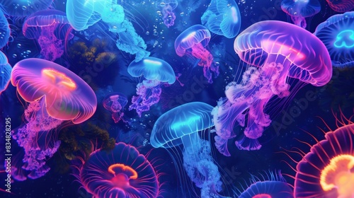glowing jellyfish and algae on underwater neon wallpaper © Elman