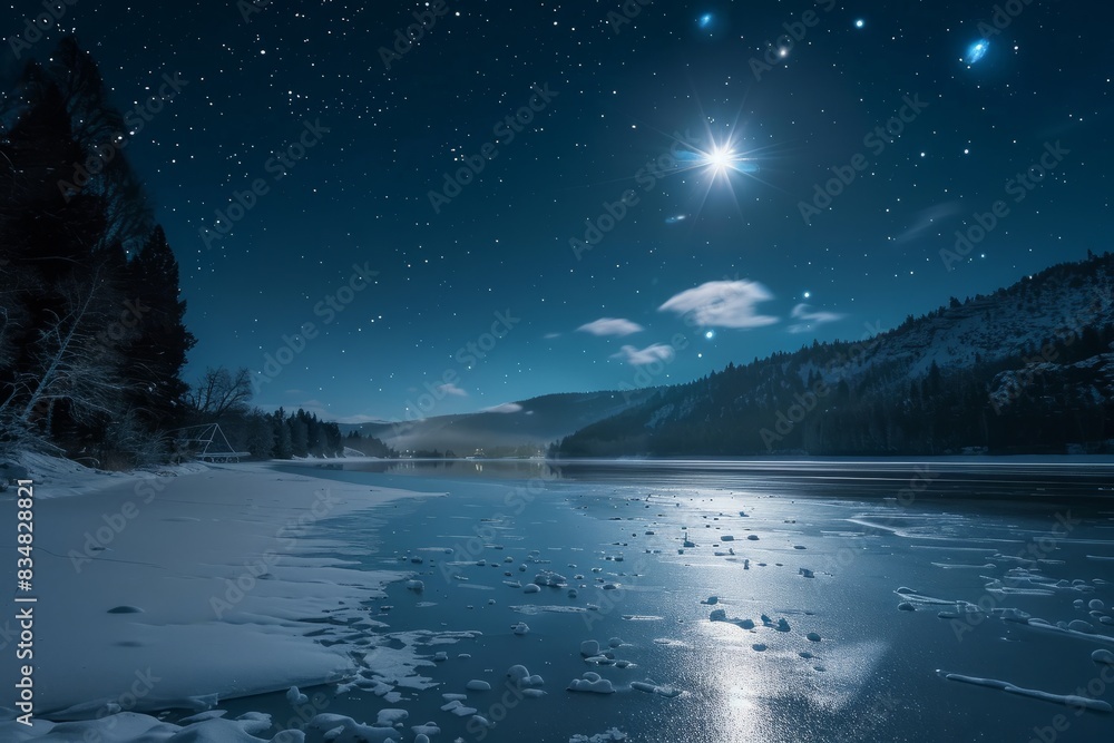A breathtaking winter night scene showcasing a frozen lake illuminated by the moon and surrounded by a mountain range under a starry sky