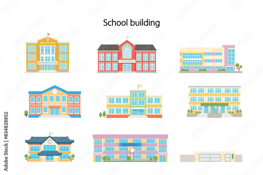 School buildings of various designs. Simple flat design illustration.