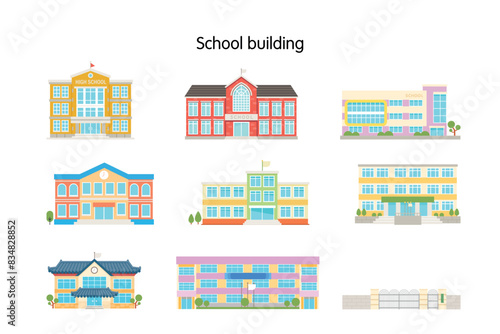 School buildings of various designs. Simple flat design illustration.