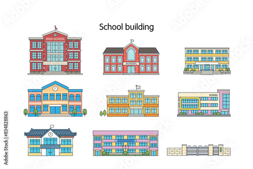 School buildings of various designs. outline Simple flat design illustration.