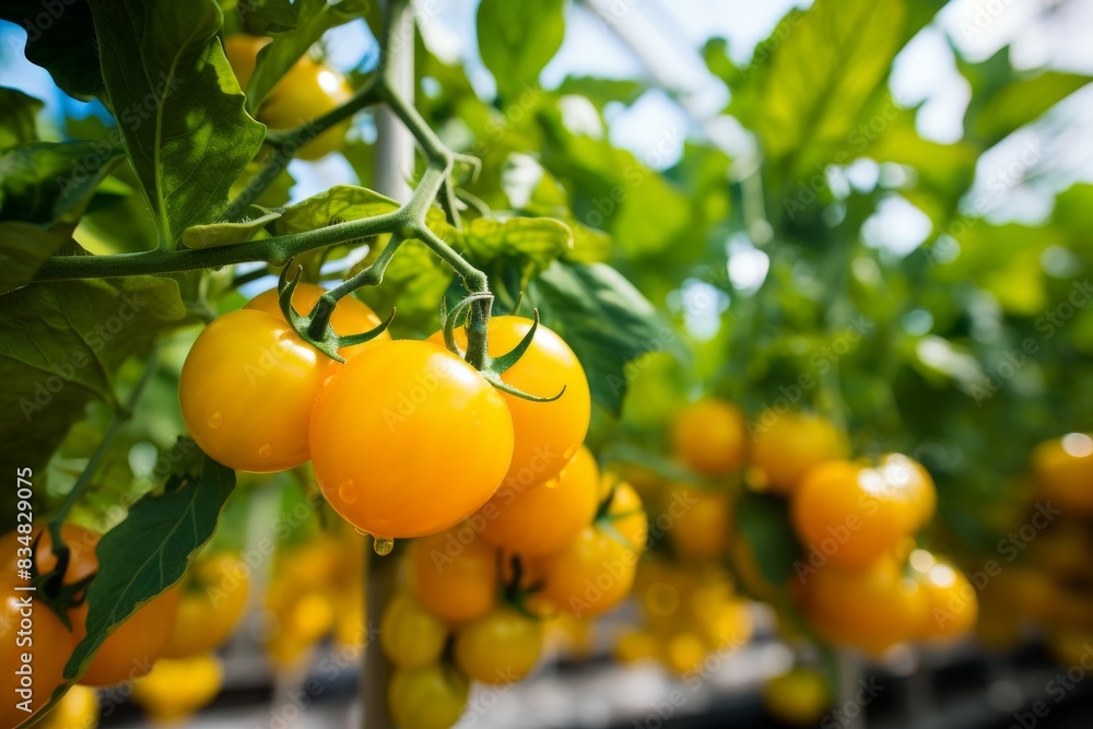 Fresh Yellow Tomatoes Ripening On The Vine In A Sunlit Greenhouse. Generative AI Fresh Yellow Tomatoes Ripening On The Vine In A Sunlit Greenhouse. Generative AI