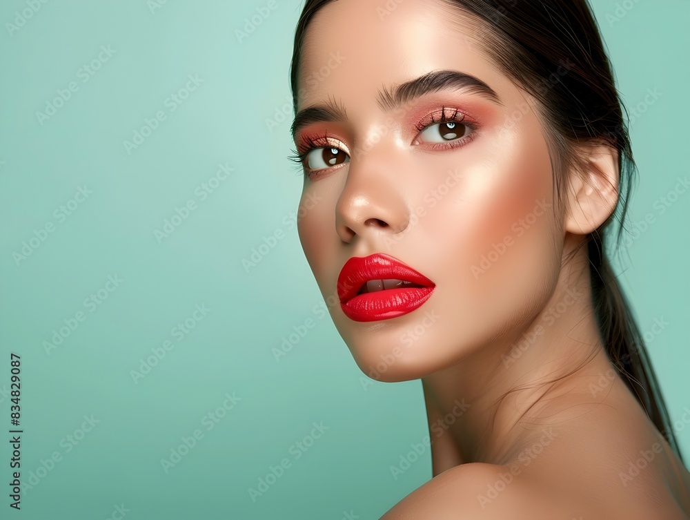 Peruvian Beauty Model Showcases Vibrant Decorative Cosmetics on Mint Backdrop Peruvian Beauty Model Showcases Vibrant Decorative Cosmetics on Mint Backdrop