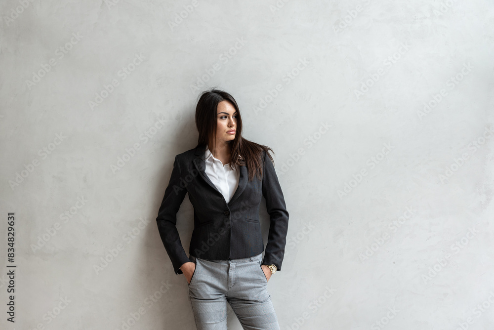 Portrait of young beautiful confident business woman in formal wear standing in office building. Cute female businessperson posing. Portrait of young beautiful confident business woman in formal wear standing in office building. Cute female businessperson posing.