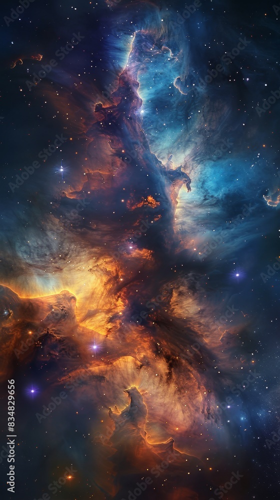 This image showcases a stunning nebula with vibrant hues of blue, orange, and purple. The swirling clouds of gas and dust are illuminated by starlight, creating a dynamic and captivating cosmic scene.