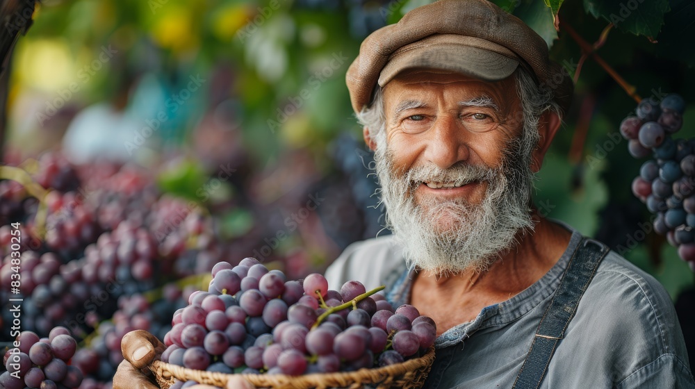 Obraz premium A cheerful old man with a cap holds a wicker basket full of fresh grapes, symbolizing agriculture and vitality