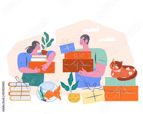 House moving, change of residence. Transport services for relocation and housewarming concept, flat vector illustration isolated on white background. Family couple packing goods for move.