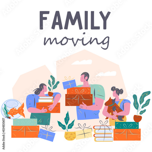 Family house moving, change of accommodation. Transport services for residence relocation and housewarming concept, flat vector illustration isolated on white. Family packing goods for move.