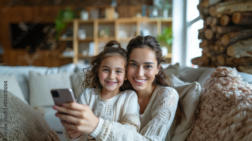 A smiling woman and her young daughter taking a selfie on a cozy sofa A smiling woman and her young daughter taking a selfie on a cozy sofa