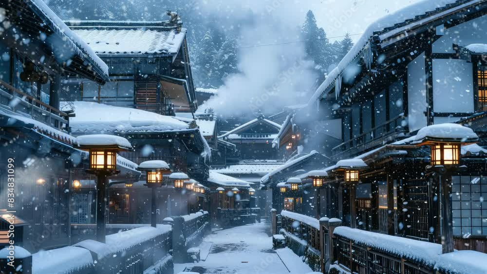 Animation Traditional Village Covered in Falling Snow generated with ai Animation Traditional Village Covered in Falling Snow generated with ai