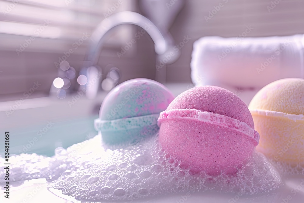 Three vibrant bath bombs in a tub filled with foamy water. Generative AI Three vibrant bath bombs in a tub filled with foamy water. Generative AI