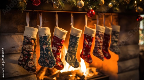 Christmas stockings hanging over fireplace