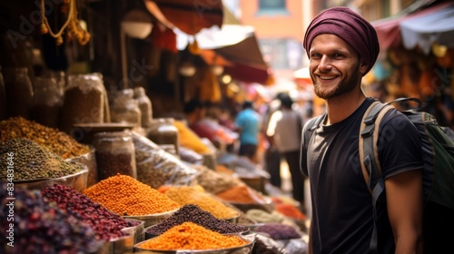 Fototapeta Naklejka Na Ścianę i Meble -  backpacker exploring a bustling city market, 
