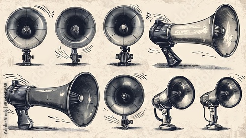 A detailed monochrome artwork showcasing a collection of six vintage style megaphones in varied orientations