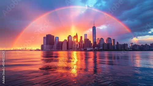A majestic rainbow spans across a city skyline with a dramatic sunset reflecting in the waterfront © AS Photo Family