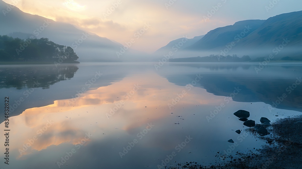 Fototapeta premium A peaceful dawn lakeside, mist over tranquil waters, mountains majestic. Dawn light reflects serenely.