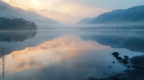 A peaceful dawn lakeside, mist over tranquil waters, mountains majestic. Dawn light reflects serenely.