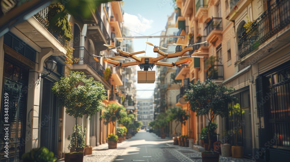 Fototapeta premium A narrow, sun-drenched street lined with charming buildings, a delivery drone hovering overhead. The image evokes a sense of peaceful urban life.