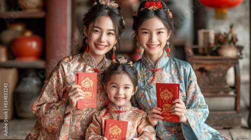 Happy Asian family with traditional dresses holding red envelopes for lunar new year