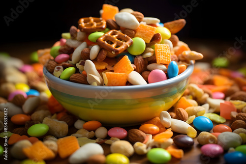 easter bunny trail mix, fun, colorful bunny themed snack mix. generative ai