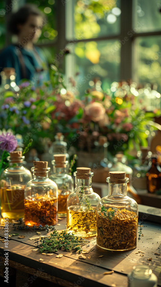 Perfume workshop setting with various natural ingredients, beakers, and glass jars filled with botanicals Perfume workshop setting with various natural ingredients, beakers, and glass jars filled with botanicals