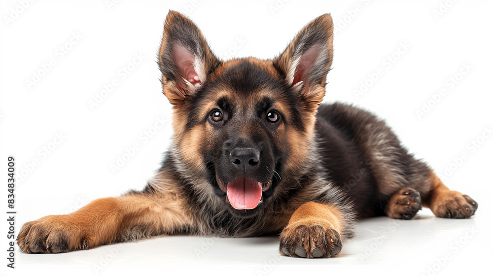 a German Shepherd puppy lying down, with a playful expression and its tongue sticking out, on white background. a German Shepherd puppy lying down, with a playful expression and its tongue sticking out, on white background.