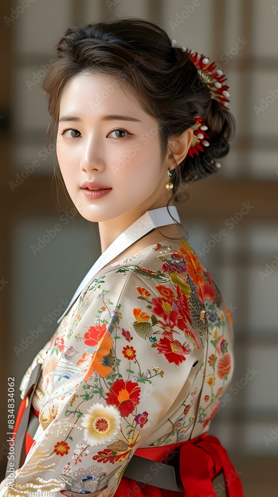 Portrait of a young woman in traditional Korean dress, or Hanbok