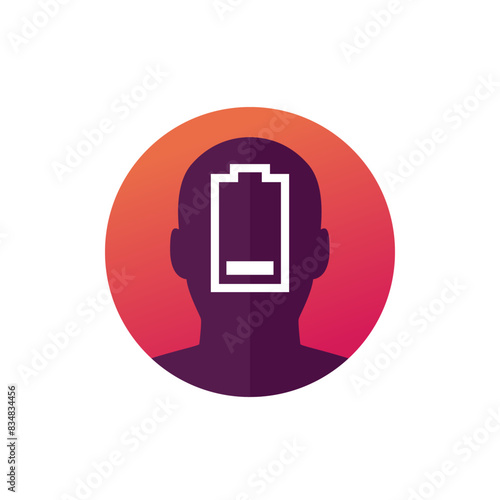 burnout, tired vector icon with head and low battery