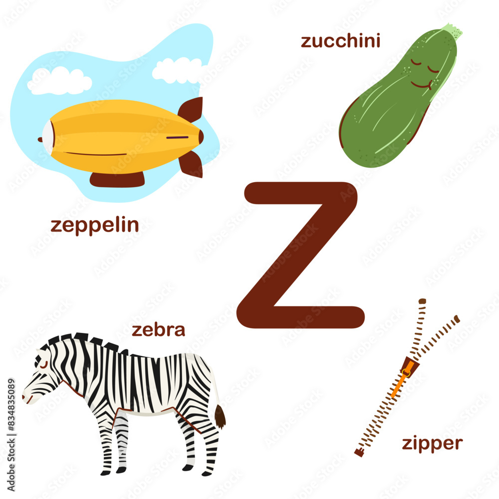 Naklejka premium Preschool english alphabet. Z letter. Zeppelin, zucchini, zebra, zipper. Alphabet design in a colorful style. Educational poster for children. Play and learn.