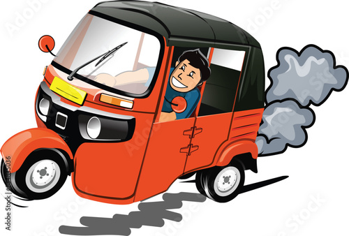 Reckless Driver with Polluting Rickshaw Cartoon
