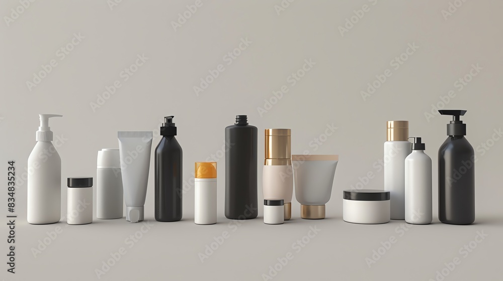 A 3D render of a set of travelsized hair care products A 3D render of a set of travelsized hair care products