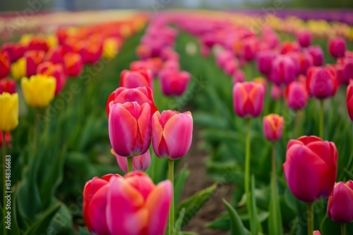 A vibrant field of pink and yellow tulips in full bloom, creating a breathtaking floral display under the sun.