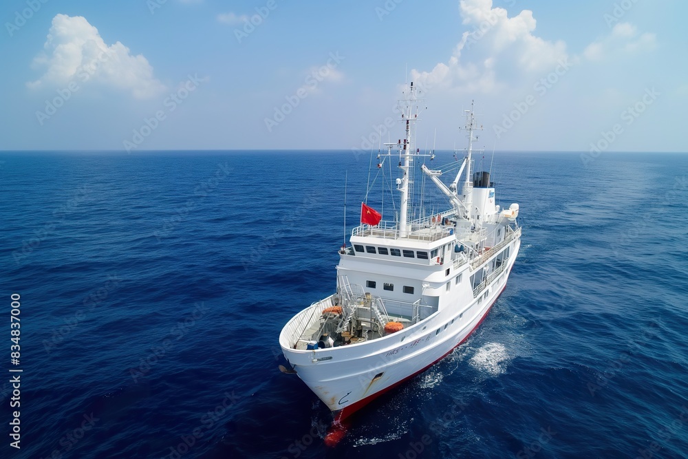 A grand white boat sails in the china open sea, showcasing the vastness of the ocean under a clear sky. A grand white boat sails in the china open sea, showcasing the vastness of the ocean under a clear sky.