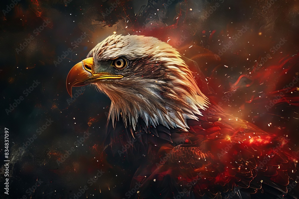 Flying eagle with American flag and fireworks on background, 4 July Independence Day celebration Flying eagle with American flag and fireworks on background, 4 July Independence Day celebration
