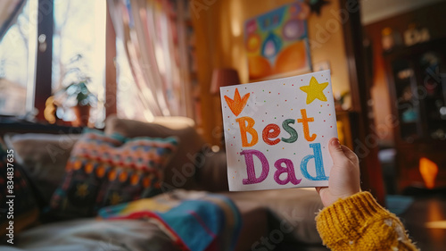Handmade 'Best Dad' card held by child in cozy living room. © SashaMagic